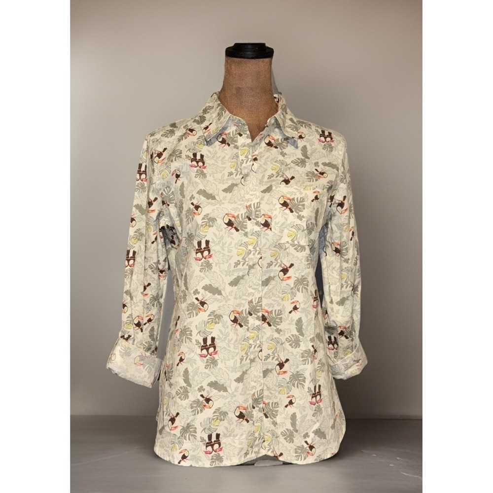 Croft & Barrow Top Women Petite Small Button Up Toucan Bird Print Long Sleeves